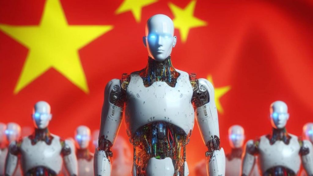 Un equipo de robots con IA Qwen 2.5 Max con la bandera de china detrás