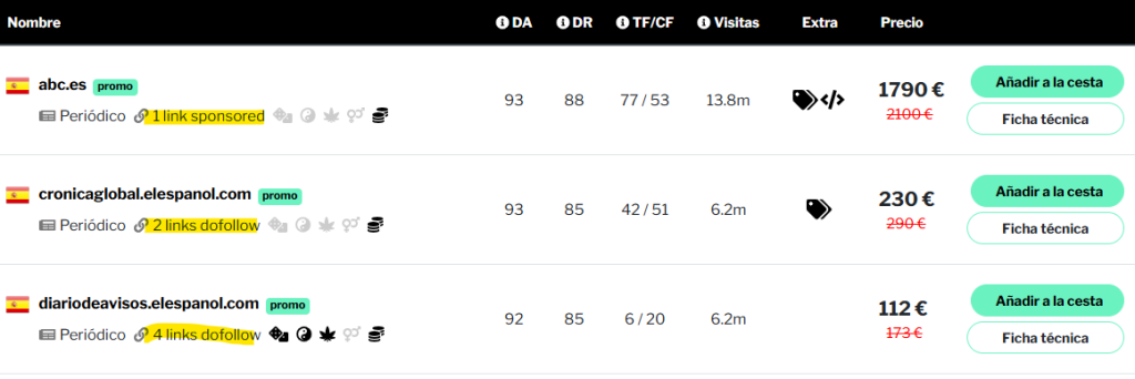 Plataforma de compra de enlaces SEO en la que se ve el atributo de enlace