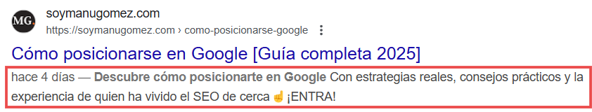 Metadatos vistos en los resultados de Google